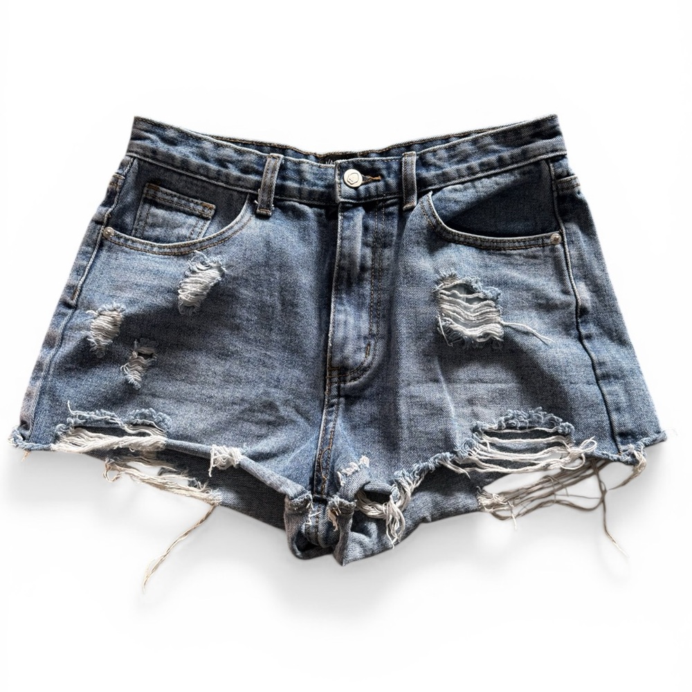 Distressed High-Waist Denim Shorts - Blue